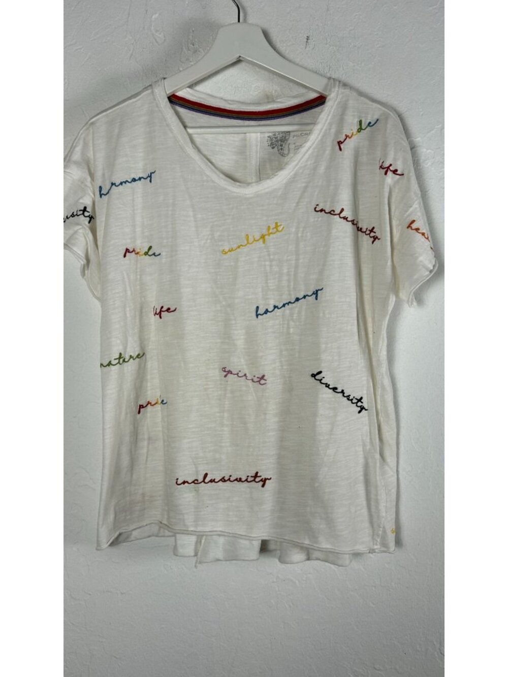 Anthropologie Pilcro Pride Inclusivity Embroidered Rainbow Script T-Shirt Medium